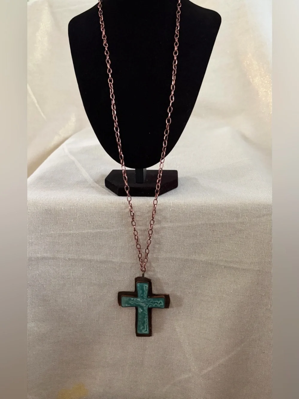 Copper Turquoise Cross Pendant Long Chain Necklace
